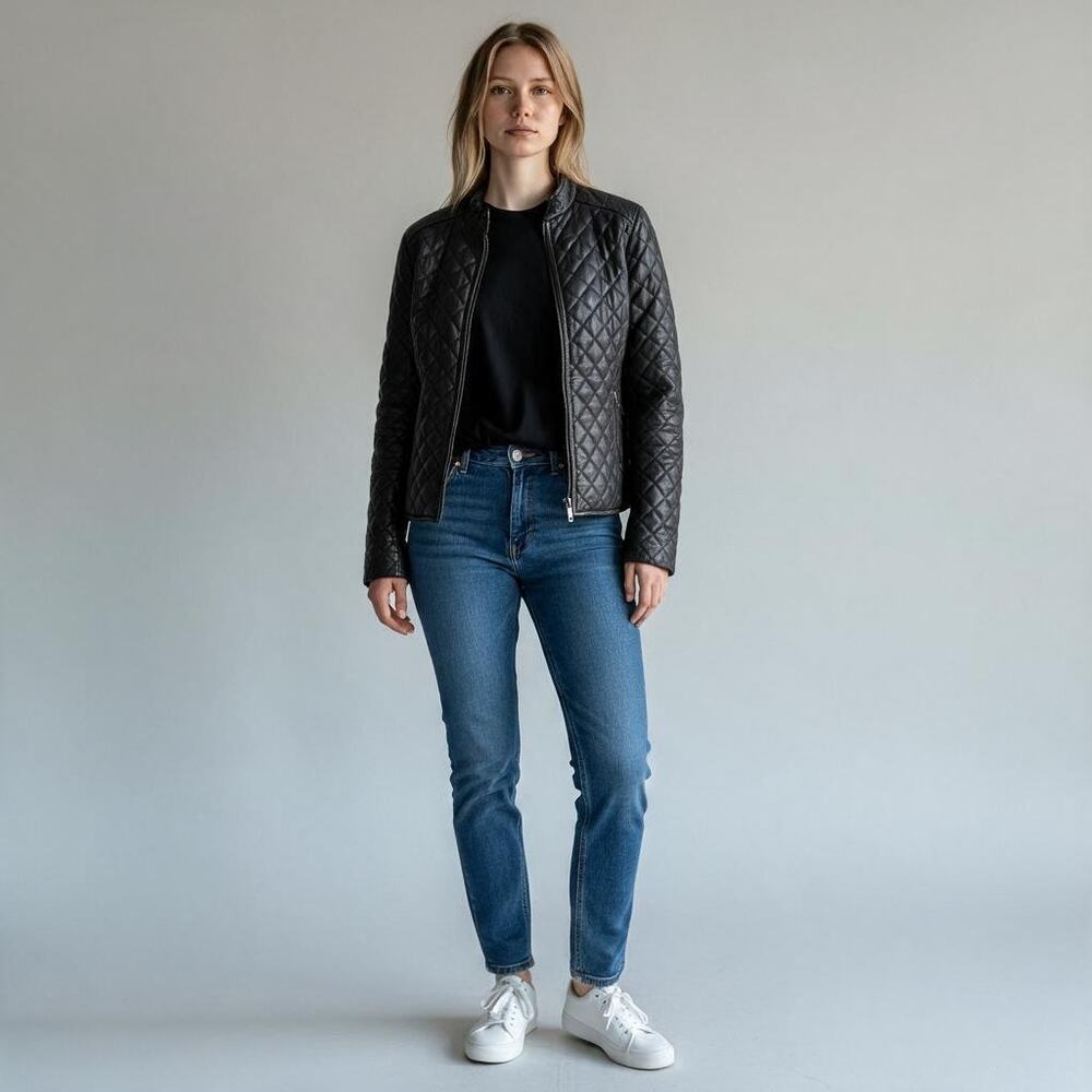 Vintage Liz Claiborne Black Diamond Quilted Full Zip Soft Leather Jacket Size S
